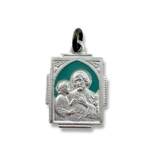 Vintage St. Joseph and Child Aqua Enamel Silvertone Medal Charm Pendant